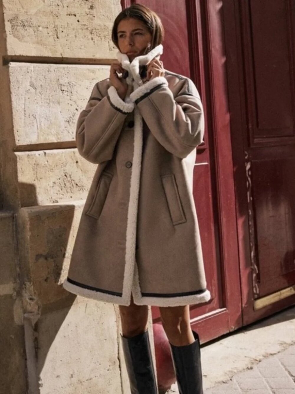 Zara Buttoned Double Faced Faux Shearling Coat Size M